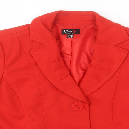 Close-up detail of Oscar women’s red overcoat jacket, size UK 10