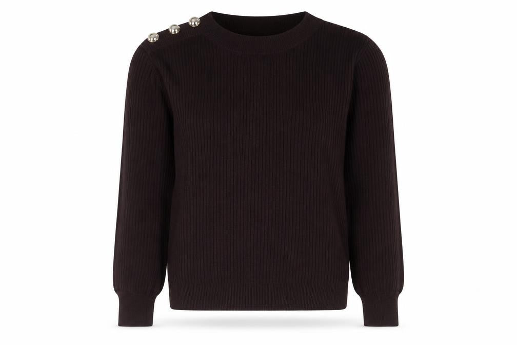 Front view of F&F women’s black round neck striped viscose jumper, size UK 10
