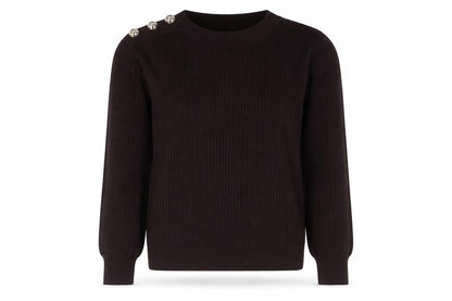 Front view of F&F women’s black round neck striped viscose jumper, size UK 10