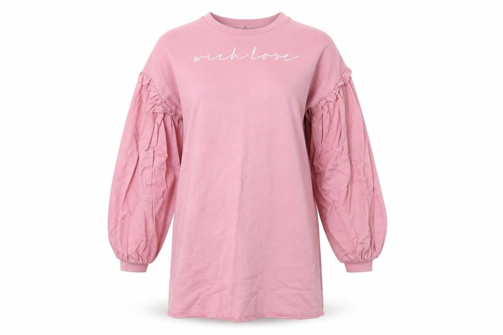 Front view of Lipsy London women’s pink cotton jumper dress, size UK 6, round neck