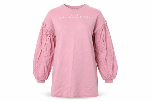 Front view of Lipsy London women’s pink cotton jumper dress, size UK 6, round neck