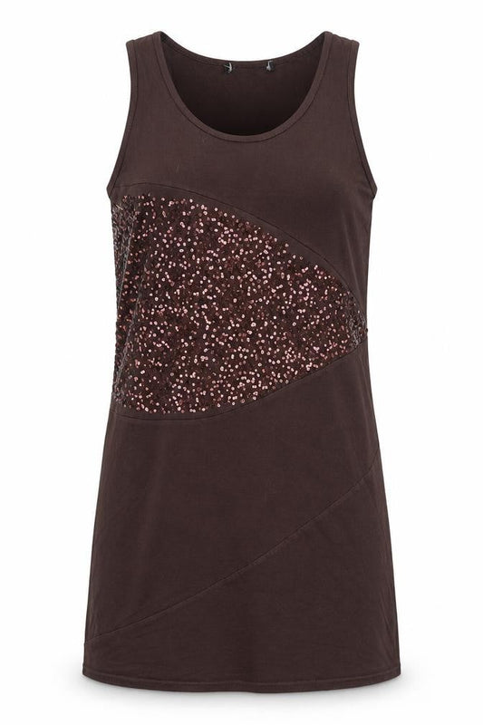 Front view of women’s brown viscose tank dress, size UK 10, round neck