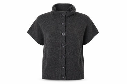 Front view of Cherry women’s grey roll neck wool cardigan jumper, size M