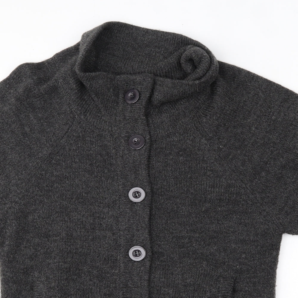 Close-up detail of Cherry women’s grey roll neck wool cardigan jumper, size M