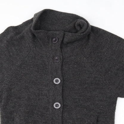 Close-up detail of Cherry women’s grey roll neck wool cardigan jumper, size M