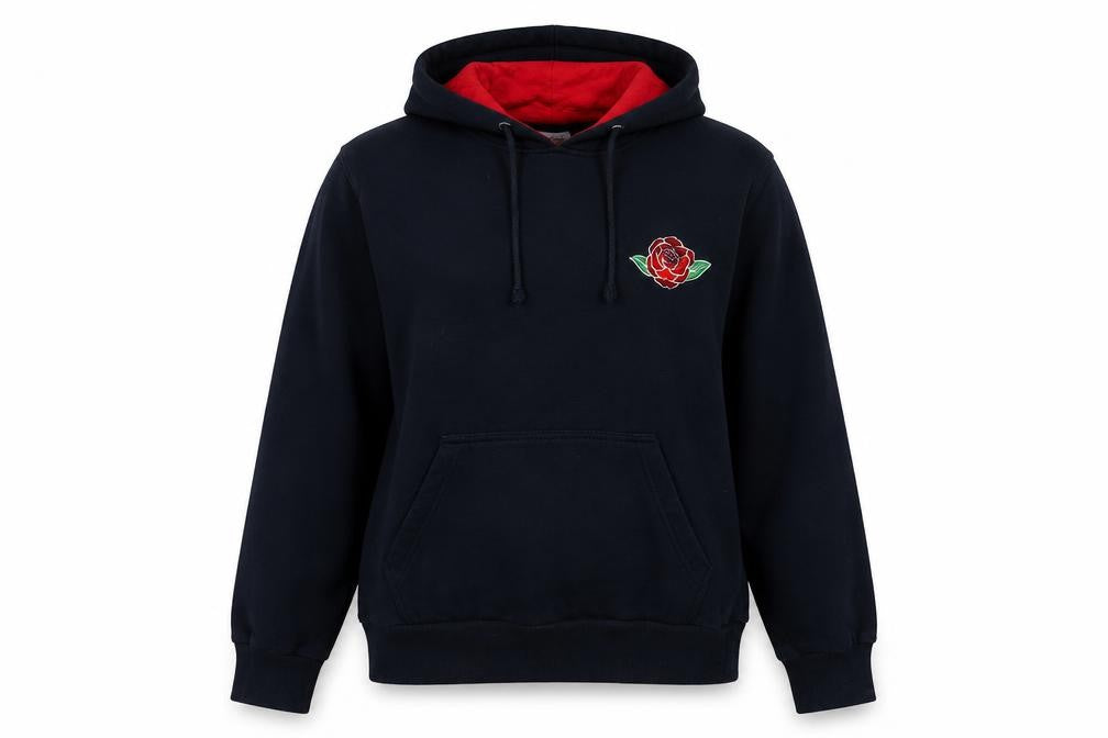 Front view of England women’s blue cotton pullover hoodie, size M, - rose