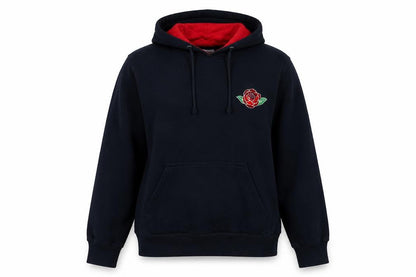 Front view of England women’s blue cotton pullover hoodie, size M, - rose