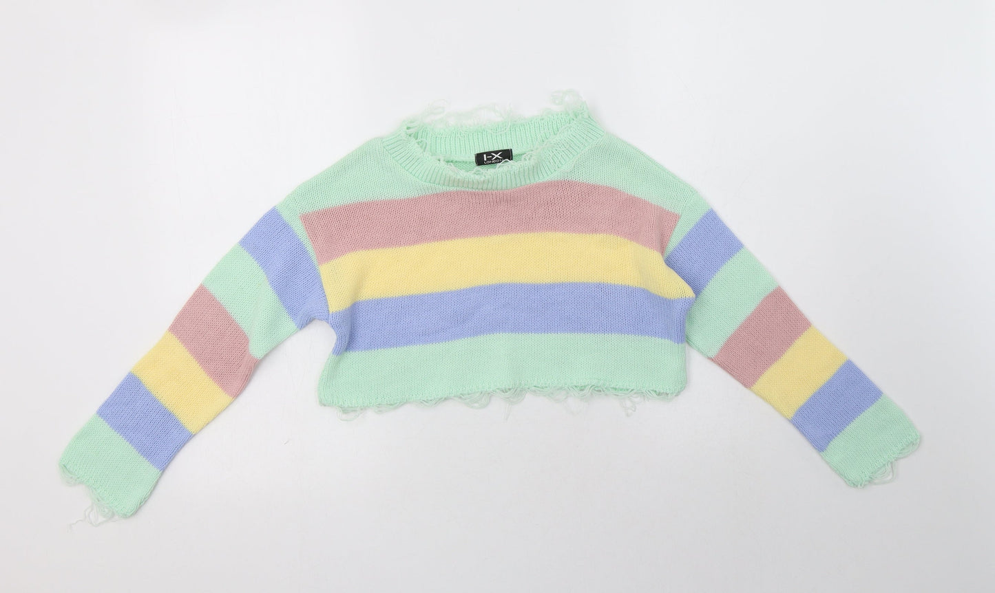 I-X London Womens Multicoloured Crew Neck Striped Acrylic Henley Jumper Size S   - Cropped