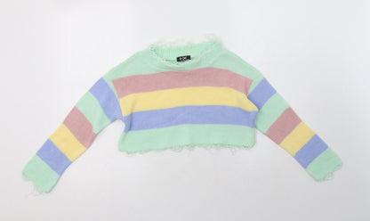 I-X London Womens Multicoloured Crew Neck Striped Acrylic Henley Jumper Size S   - Cropped