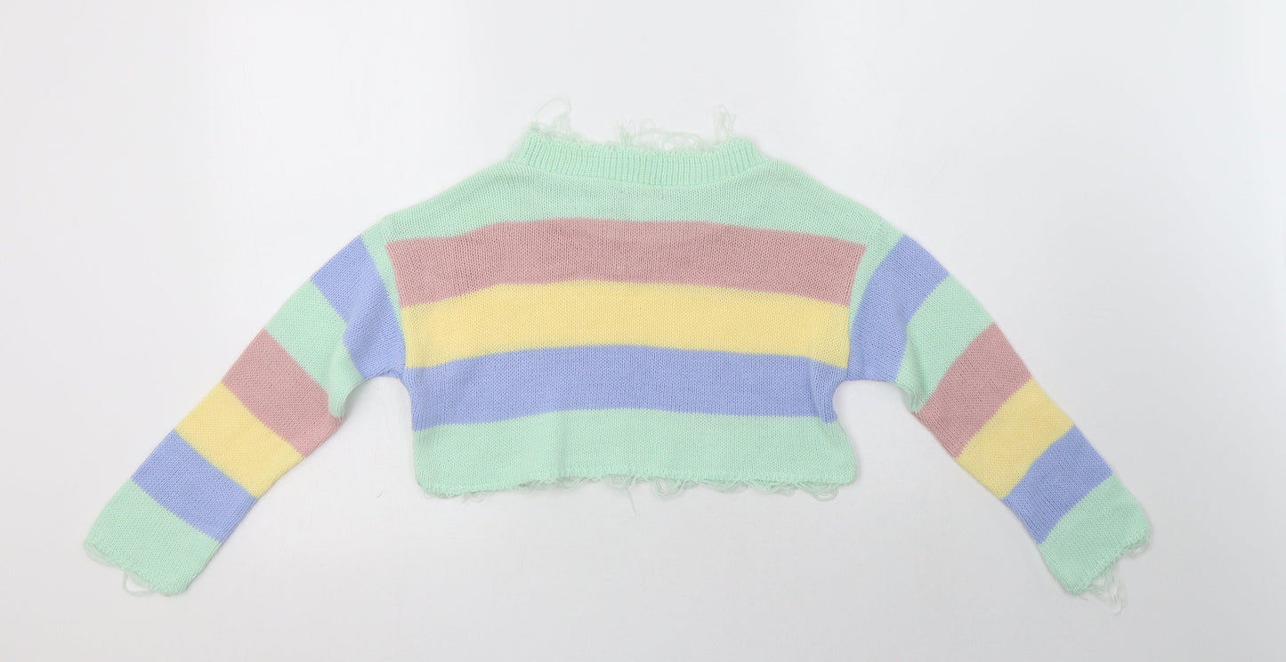I-X London Womens Multicoloured Crew Neck Striped Acrylic Henley Jumper Size S   - Cropped