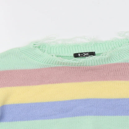I-X London Womens Multicoloured Crew Neck Striped Acrylic Henley Jumper Size S   - Cropped
