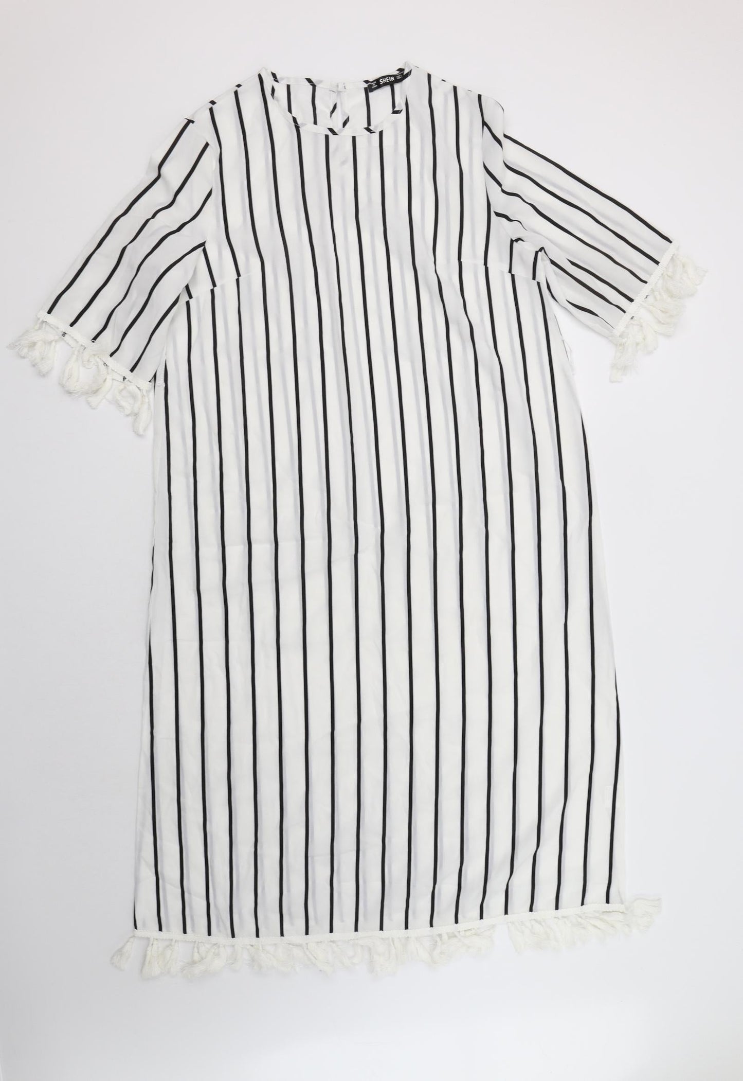 SheIn Womens White Striped Polyester A-Line  Size L  Crew Neck Button