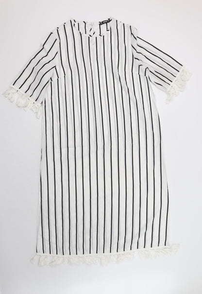 SheIn Womens White Striped Polyester A-Line  Size L  Crew Neck Button