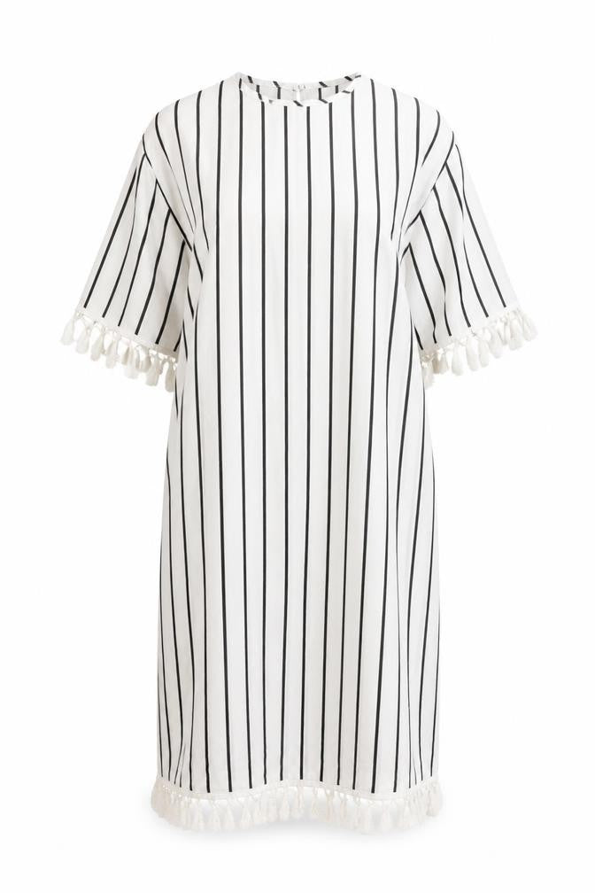 SheIn Womens White Striped Polyester A-Line  Size L  Crew Neck Button