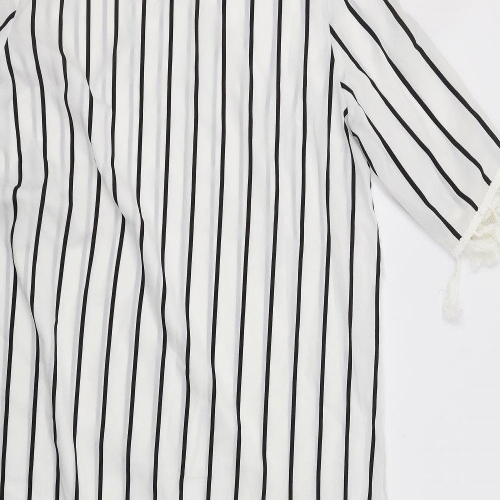 SheIn Womens White Striped Polyester A-Line  Size L  Crew Neck Button