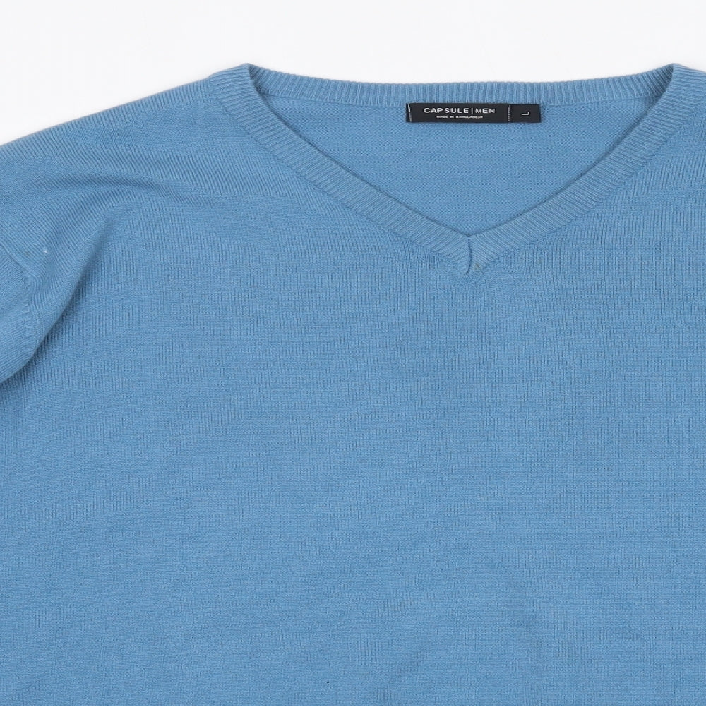 Capsule Mens Blue V-Neck  Acrylic Pullover Jumper Size L