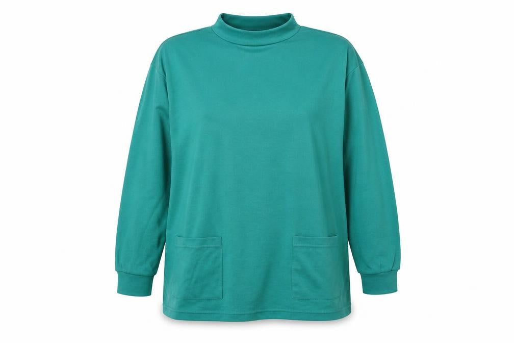 Front view of Dalia women’s green polyacrylate fibre tunic blouse, size L, roll neck