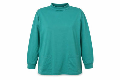 Front view of Dalia women’s green polyacrylate fibre tunic blouse, size L, roll neck