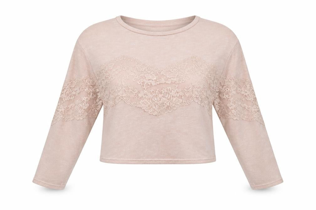 Front view of H&M women’s pink crew neck polyester henley jumper, size XS, - lace detail