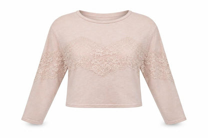 Front view of H&M women’s pink crew neck polyester henley jumper, size XS, - lace detail