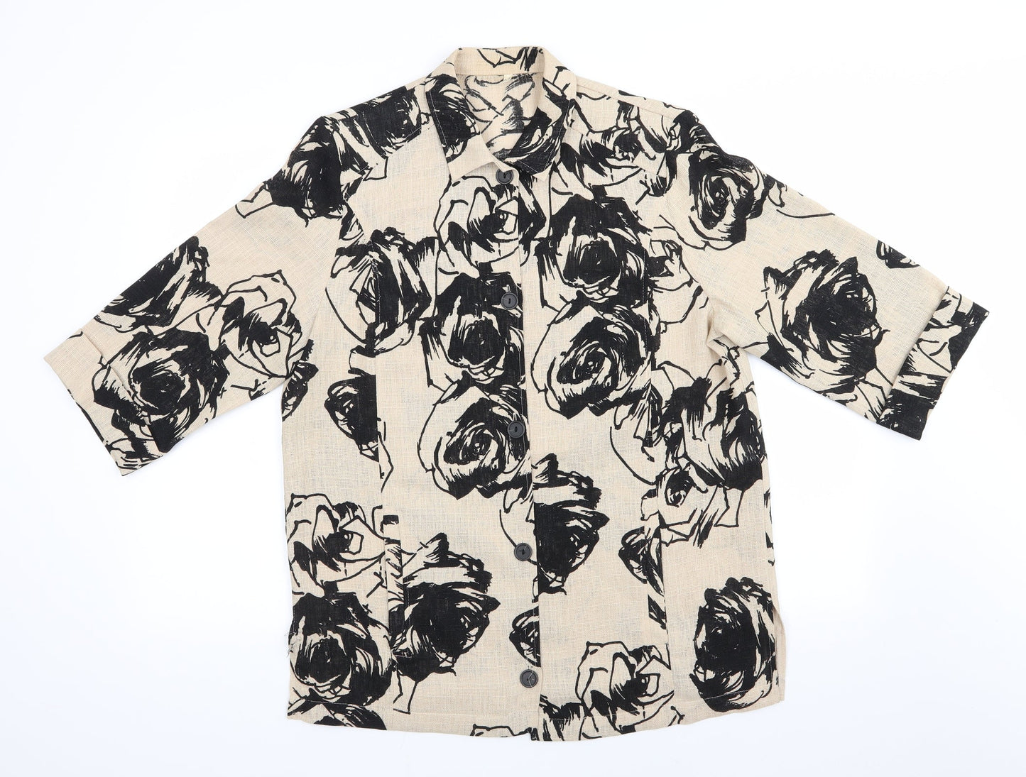 Preworn - no label Womens Beige Floral Polyester Basic Button-Up Size 14 Collared - Black print Overshirt Open weave fabric
