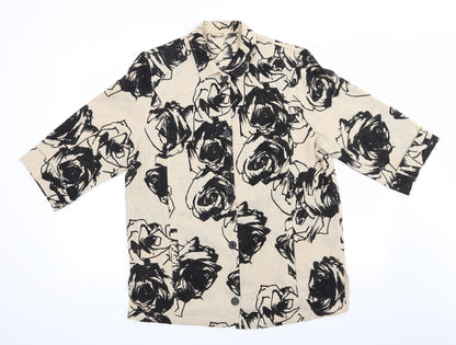 Preworn - no label Womens Beige Floral Polyester Basic Button-Up Size 14 Collared - Black print Overshirt Open weave fabric
