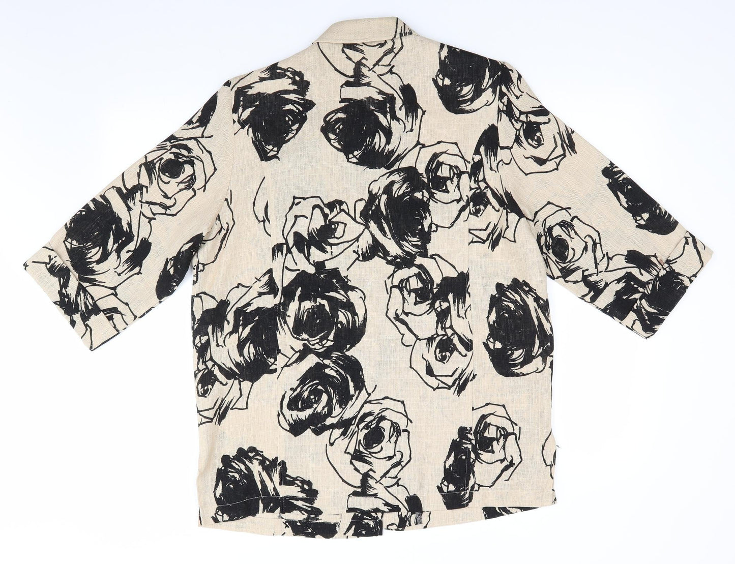 Preworn - no label Womens Beige Floral Polyester Basic Button-Up Size 14 Collared - Black print Overshirt Open weave fabric