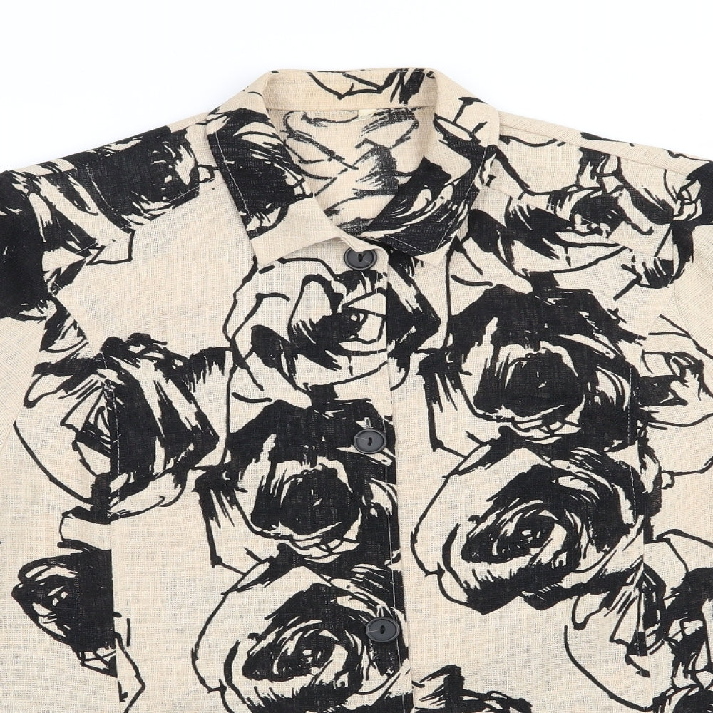 Preworn - no label Womens Beige Floral Polyester Basic Button-Up Size 14 Collared - Black print Overshirt Open weave fabric