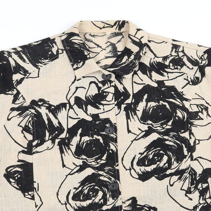Preworn - no label Womens Beige Floral Polyester Basic Button-Up Size 14 Collared - Black print Overshirt Open weave fabric