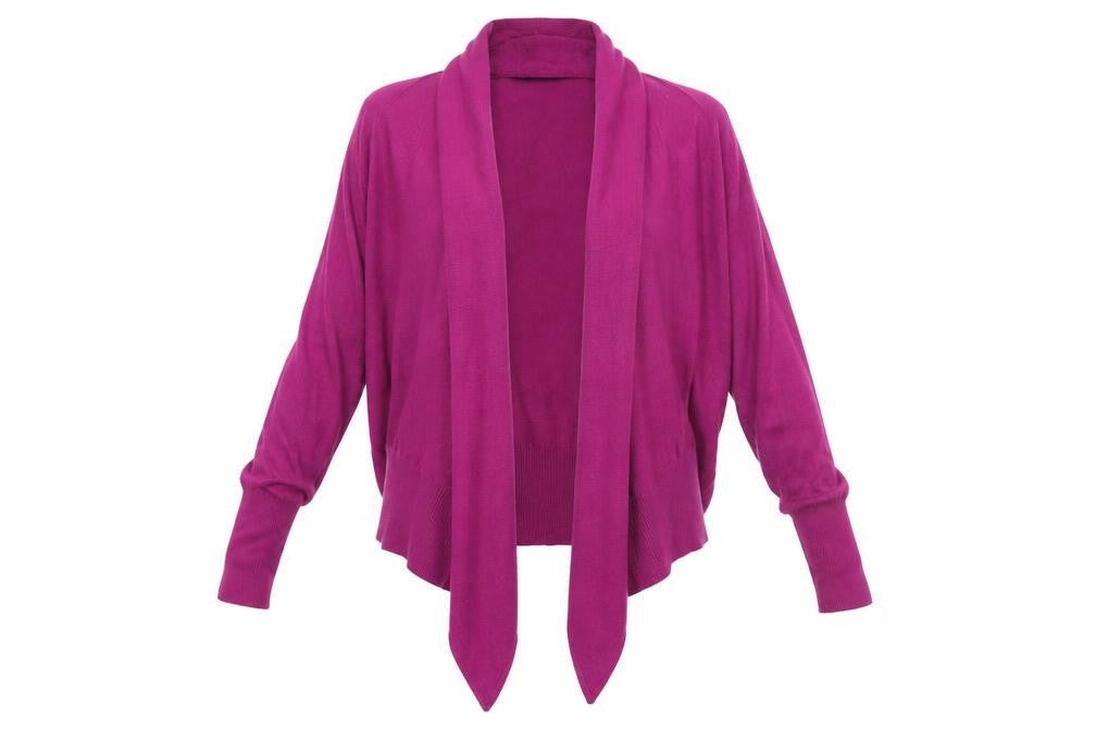 Front view of Dorothy Perkins women’s purple v-neck viscose cardigan jumper, size UK 12, - waterfall cardigan