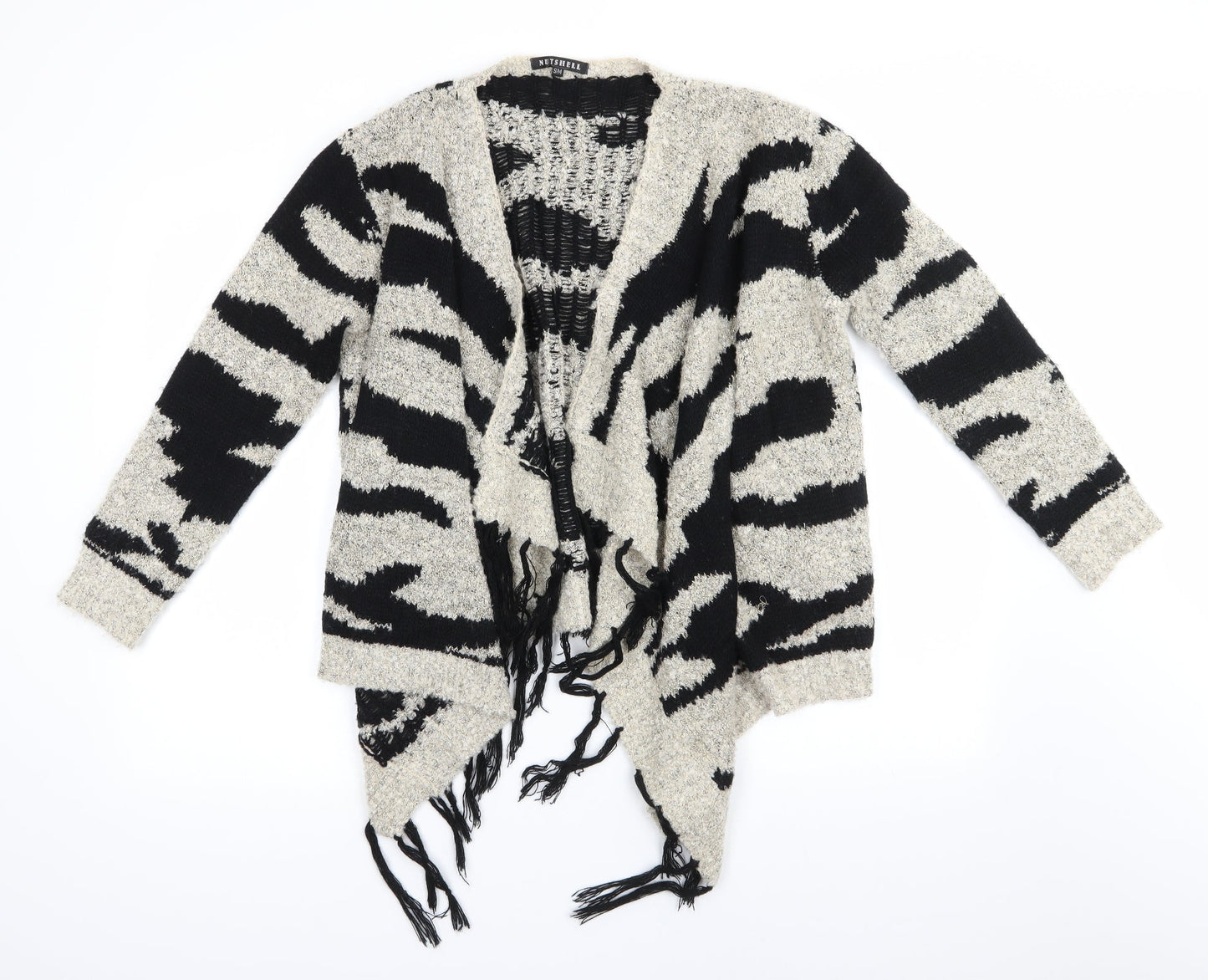 Nushell Womens Beige V-Neck Animal Print Acrylic Cardigan Jumper Size S   - Waterfall Subtle shimmer effect
