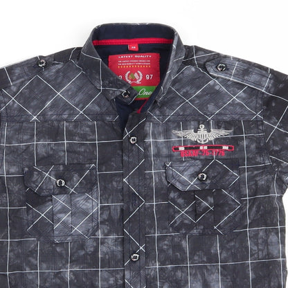 Close-up detail of Latest Quality boys’ grey check basic button-up collared button - usaaf-75-1775