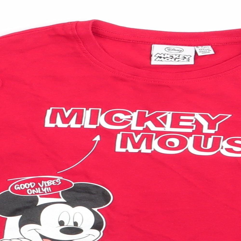 Disney Mickey Mouse Boys Red Animal Print Cotton Basic Casual Size 6-7 Years Round Neck Pullover - Good Vibes Only