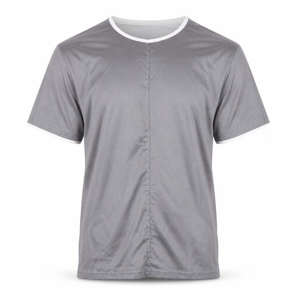Front view of River Island men’s grey polyester t-shirt, size S, round neck