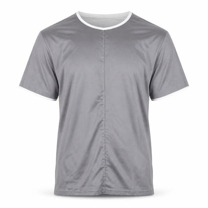 Front view of River Island men’s grey polyester t-shirt, size S, round neck