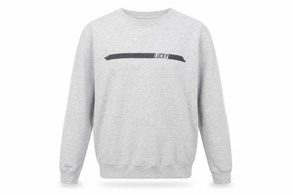 Front view of The Lucky Club men’s grey round neck cotton jumper, size M