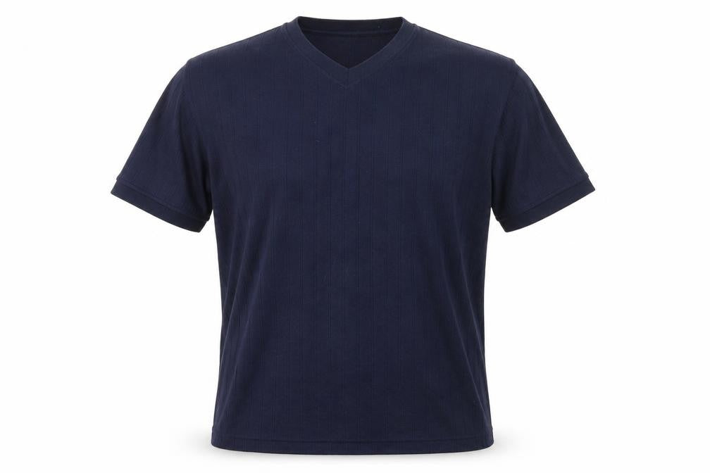 Front view of Berkertex men’s blue cotton t-shirt, size M, v-neck