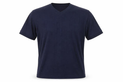 Front view of Berkertex men’s blue cotton t-shirt, size M, v-neck