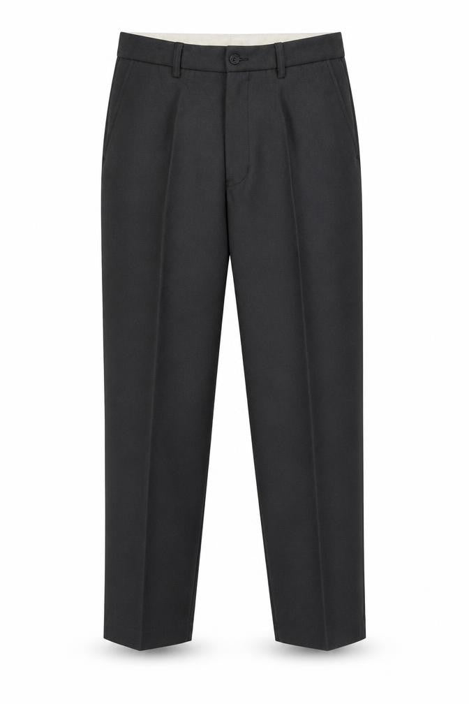 Front view of Carabou men’s grey polyester dress pants trousers, size 36, 27-inch leg regular button
