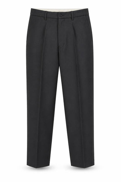 Front view of Carabou men’s grey polyester dress pants trousers, size 36, 27-inch leg regular button