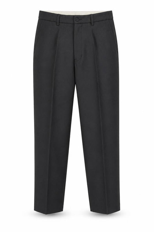 Front view of Carabou men’s grey polyester dress pants trousers, size 36, 27-inch leg regular button