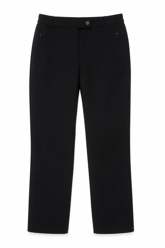 Front view of Marks & Spencer women’s black polyester dress pants trousers, size UK 10, 27-inch leg regular button