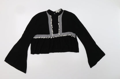 Young Bohemians Womens Black Geometric Viscose Basic Blouse Size 10 Mock Neck