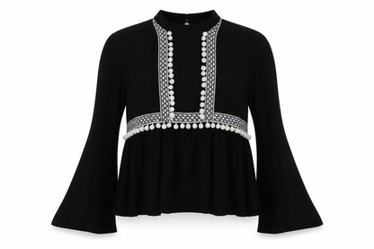 Front view of Young Bohemians women’s black geometric viscose basic blouse, size UK 10, mock neck
