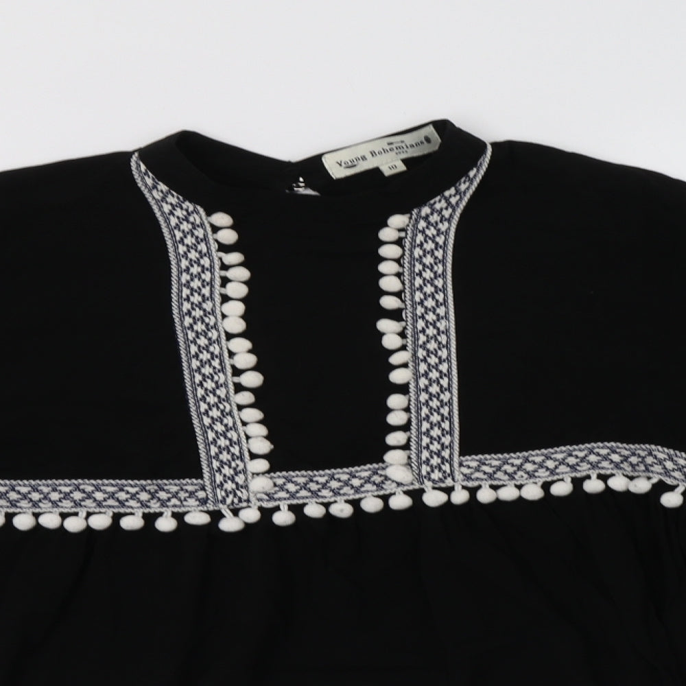 Young Bohemians Womens Black Geometric Viscose Basic Blouse Size 10 Mock Neck