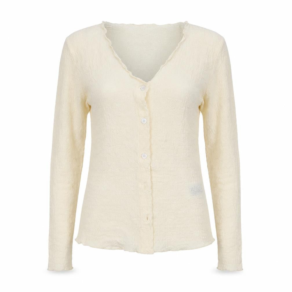 Front view of SHEIN women’s beige round neck polyester cardigan jumper, size XS