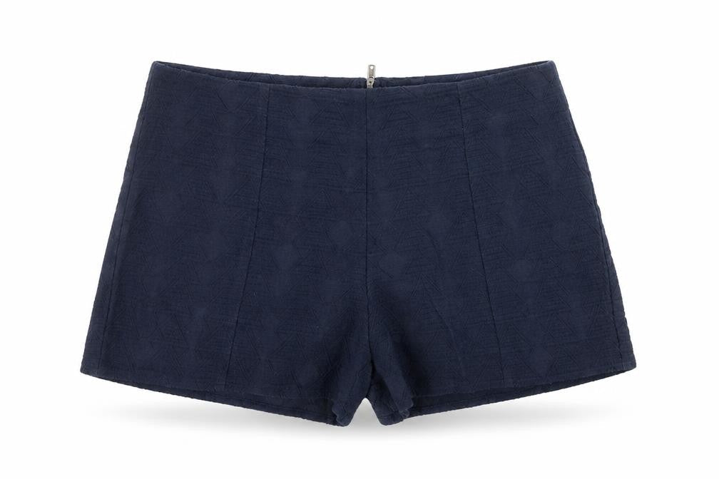 Front view of Staring at Stars women’s blue argyle/diamond cotton hot pants shorts, size L, 3-inch leg regular