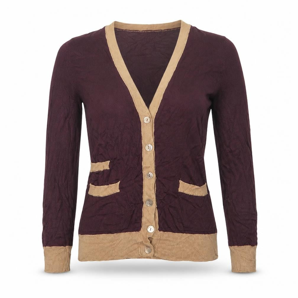 Front view of Stile Benetton women’s multicoloured v-neck wool cardigan jumper, size S