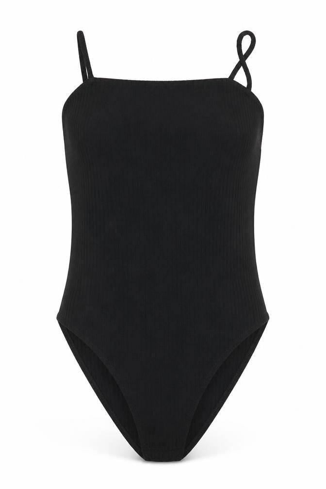 Front view of Topshop women’s black viscose bodysuit one-piece, size UK 8, snap - subtle rib effect