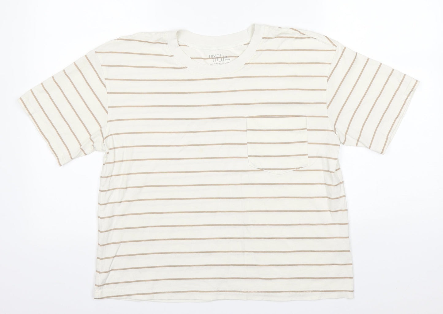 Time AND Tru Womens White Striped Cotton Basic T-Shirt Size 8 Round Neck